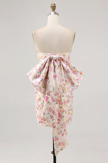 Pink Flower Strapless Bodycon Ruched Cocktail Dress